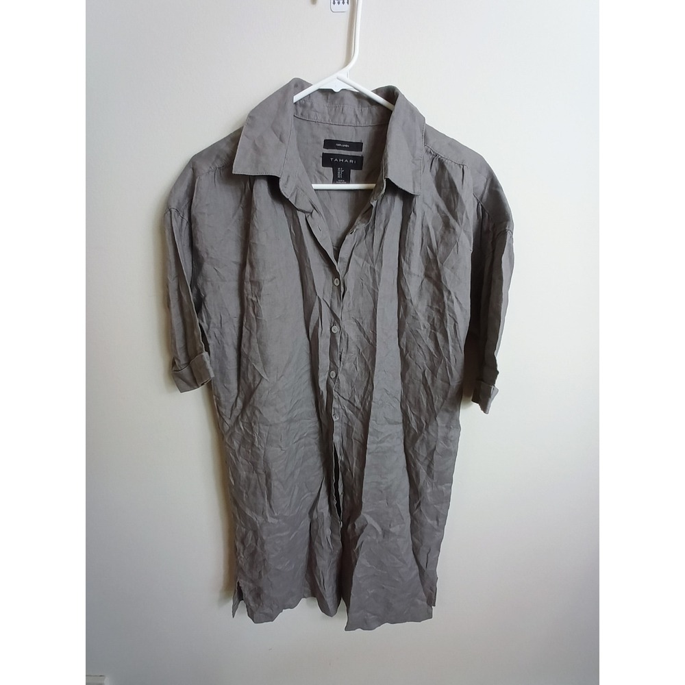 Tahari Linen Shirt Women Small Taupe Grey Excellent Cuffed Short Sleeve Tunic